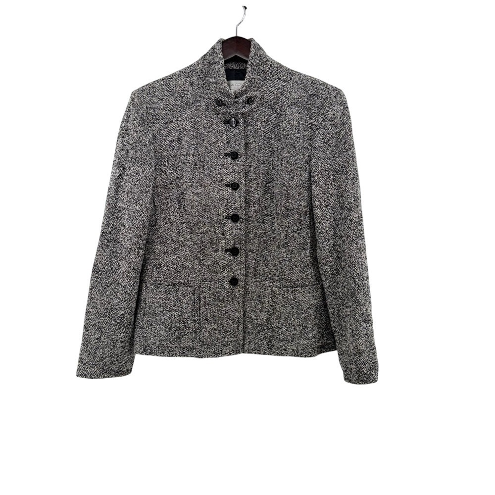 Casual Corner Wool Tweed Blazer Jacket Black White‎ Mock Neck Button Front Sz 12